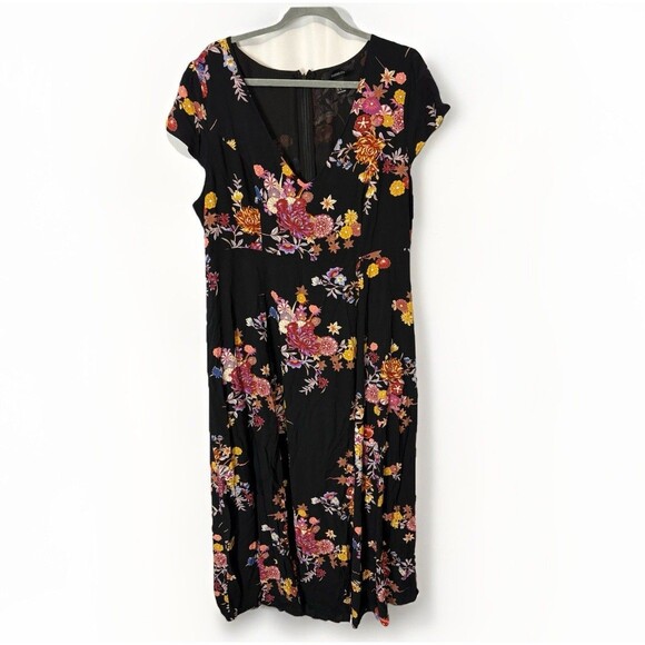 Forever 21 Plus Maxi Romper Dress Cap Sleeves V-Neck Size 1X Black Dark Floral - Picture 4 of 14